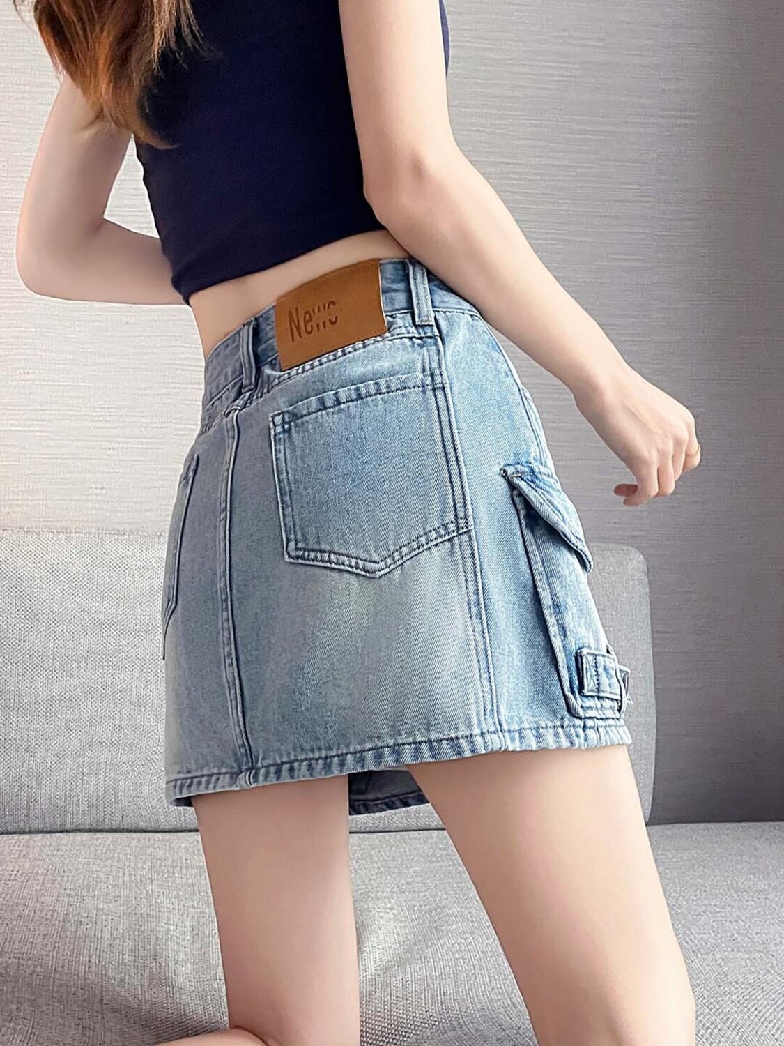 女性ハイウエストカーゴデニムミニスカート A ラインマルチポ - Fly Line のレビューと価格